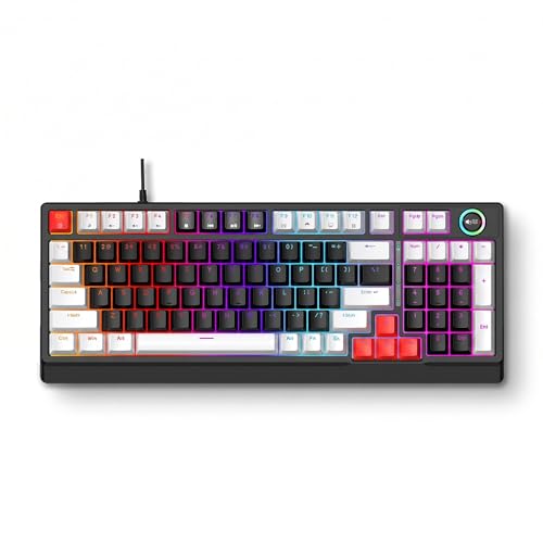 SENECESLI ゲーミングキーボード、メカニカルキーボード 98 RGB バックライト付きホットスワップ可能、リニアレッドスイッチおよびロータリーノブ付き (グレーブラックレッド) SENECESLIjph4b5ksra-12