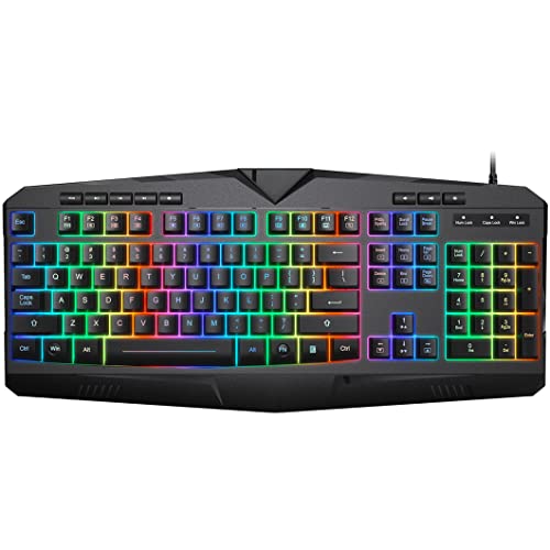 TUNEAKE ゲーミングキーボード 有線 7色 LED レインボーバックライト RGBキーボード 静音 メンブレンキーボード 8つのマルチメディアキー&25キーアンチゴースト こぼれ防止コンピュータキーボード デスクトップPC用 ブラック
