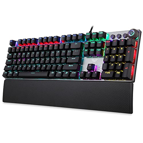 HUQIDAO F2088 104 キー 有線ゲーミング メカニカル キーボード 混合光効果 金属パネル 人間工学に基づいたデザイン リストパッド付き (ブルースイッチ)