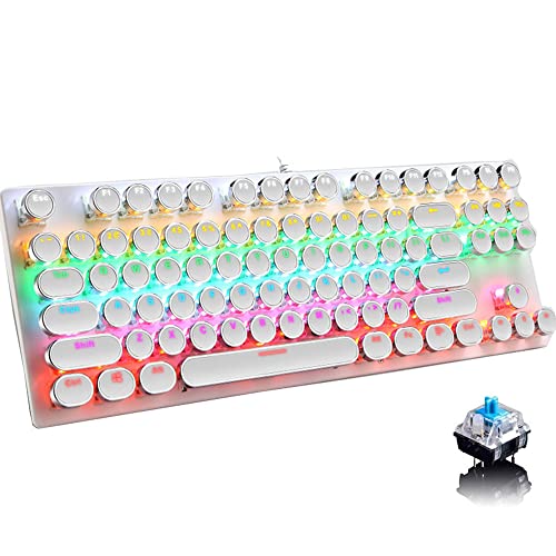 Ltvystore メカニカルゲーミングキーボード 87キー レトロ パンク タイプライタースタイル ブルースイッチ レインボー バックライト付きキーボード アンチゴースト USB有線 PC ノートパソコン デスクトップコンピュータ用 ゲームやオフィス用 (ホワイト)
