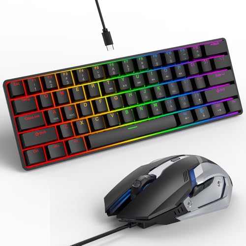 Nsyee ポータブル60%メカニカルゲーミングキーボード RGBバックライト61キー 超コンパクトゲームキーボード マウス付き ミニ有線コンピュータキーボード 赤いスイッチ付き Windows Mac ノートパソコン PC用 ブラック