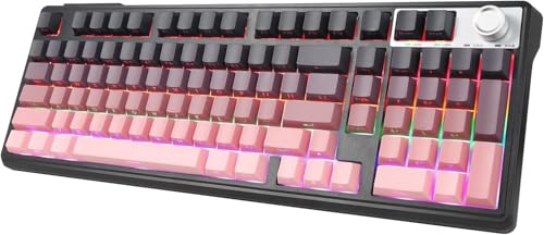 HUO JI ワイヤレス ゲーミングキーボード【BT/2.4G/有線】メカニカル 赤軸 静音 98キー テンキー付き ノブ搭載 ホットスワップ Nキーロールオーバー RGBバックライト 4000mAh 英語配列 Windows/Mac 対応 (グレー) Z11PINK