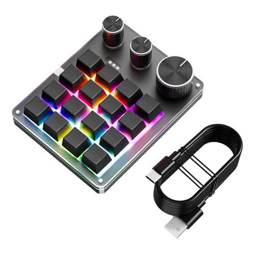 FROMCEO USB C マクロキーパッド 16キーと3つのノブ付き プログラム可能なメカニカルゲーミングキーボード 効率的なゲームやオフィス用