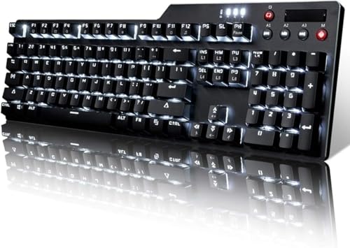 LumoLight メカニカルゲーミングキーボード104キーと6メディアキーアンチゴースト、メカニカルキーボードアルミニウムパネルとGキーホイールデザインを備えたLEDバックライト付きワイヤードフローティングキーボード (PBTホワイト、ブルー、ブラックシャフト)