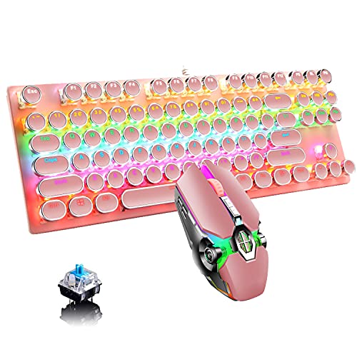 Ltvystore メカニカルゲーミングキーボードとマウスのコンボ、87キーレトロパンクタイプライタースタイル、ブルースイッチRGBレインボーバックライトキーボード、クールブリージングライト軽量ゲームマウス、ゲームやオフィス用、ピンク