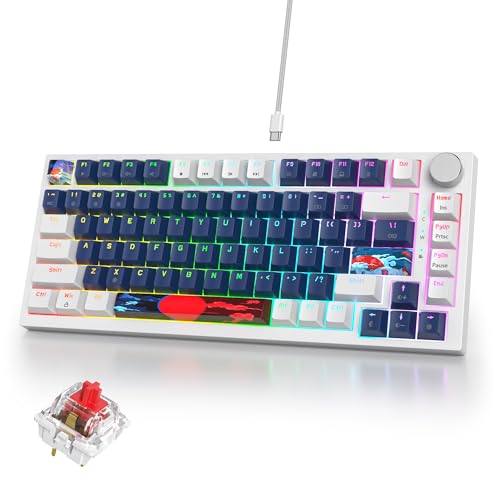 iRoboosta 75%メカニカルゲーミングキーボード ホットスワップ可能 RGBバックライトカスタムキーボード ノブ付き ガスケットマウント USB有線 82キー ホワイト ブルー リニアレッドスイッチ (82ホワイトブルー)