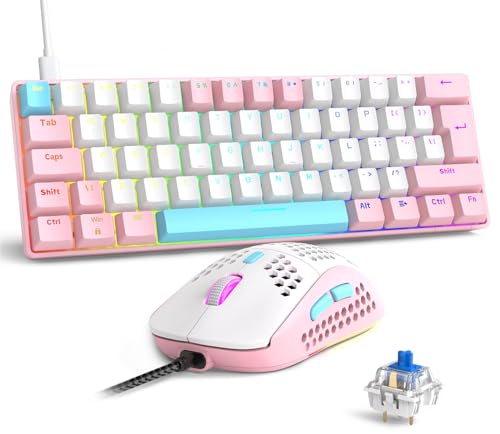 SELORSS RK-T60 有線メカニカルゲーミングキーボードとマウスのコンボ ポータブル レインボーバックライト付き 62キー NKRO 6400DPI RGB ハニカムマウス コイル状アビエーターケーブル PS4/PC/WINゲーマー用(ダークグレー/ブルースイッチ)