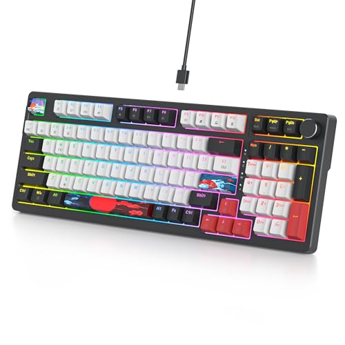 Ussixchare 98キー ガスケット ゲーミングキーボード 有線クリーミーキーボード カスタムメカニカルキーボード ホットスワップ可能なレッドスイッチノブコントロール付き (ホワイト)