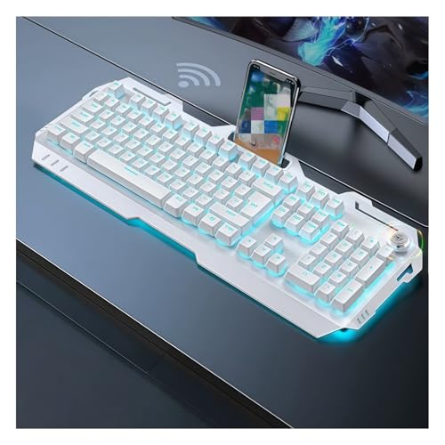 Vifxucy ワイヤレスメカニカルゲーミングキーボード（スマホホルダー付き）、充電式、長寿命バッテリー、クールなライティングエフェクト、厚みのあるメタルパネル、インテリジェントスリープモード、二度射出成形、耐摩耗性プロセス 男の子にも女の子にも適しています (ホワイト（青色光）,充電式 - ノブタイプ)