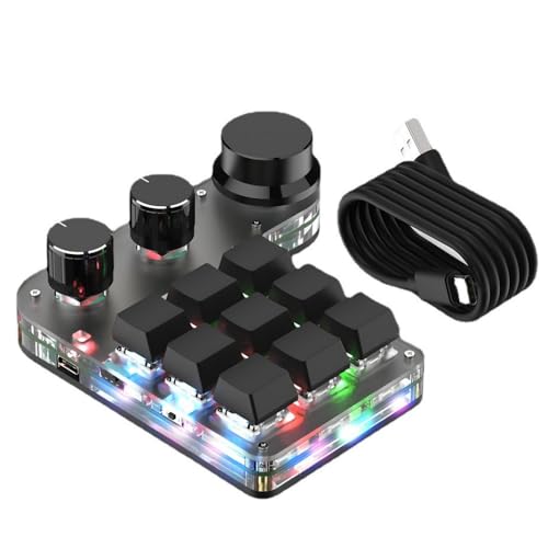 Bakine 9 キー 片手メカニカルキーボード 3 ノブ付き DIY ゲーミング用 有線 ショートカット/ワンキーパスワード対応 (RGB 照明と 3 つのノブを備えた 9 キー キーボード,ブラック)