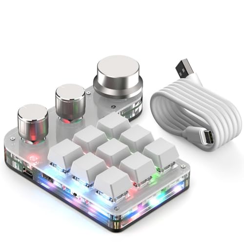 Aeroor マクロキーボード 片手キーボード 回転ノブ付き【3種接続を支持】プログラマブル 赤軸メカニカル 左手ゲーミング カスタム可能なキー 片手 小型 (ホワイト,RGB+3つのノブを備えた9キー)
