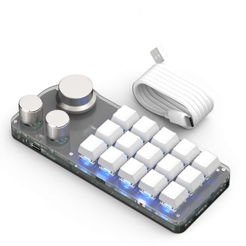 Aeroor マクロキーボード 片手キーボード 回転ノブ付き【3種接続を支持】プログラマブル 赤軸メカニカル 左手ゲーミング カスタム可能なキー 片手 小型 (ホワイト,RGB+3つのノブを備えた15個のキー)