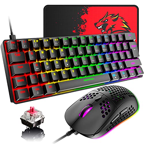 SELORSS 60%有線メカニカルゲームキーボードとマウスのコンボ 超コンパクトなミニ62キー Type C Chroma 20レインボーバックライト効果 RGBバックライト6400DPI 軽量ゲーミングマウス ハニカムシェル付き PC/Mac用