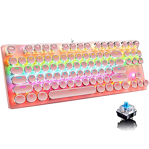Ltvystore メカニカル ゲーミング ピンク キーボード 87キー レトロ パンク タイプライタースタイル ブルー スイッチ RGB バックライトキーボード アンチゴースト USB 有線 PC ノートパソコン デスクトップ コンピューター用 ゲームやオフィス用