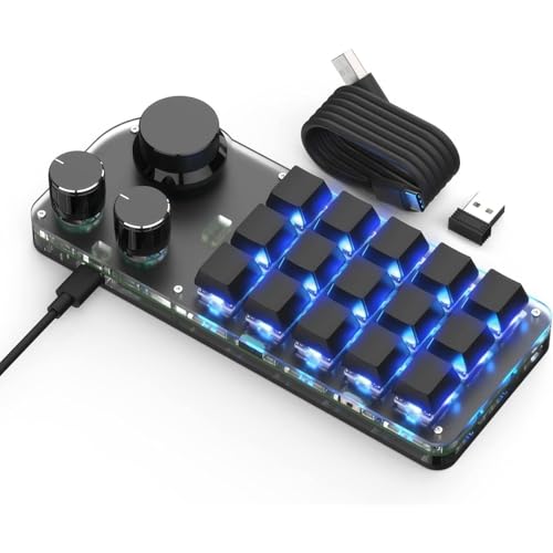 otoye [otoye] 片手 小型キーボード(15キー3ノブ)マクロキーボード 回転ノブ付き プログラマブルキーボード 7色のRGB 赤軸メカニカルキーボード【Bluetooth/有線接続 軸体交換 回転ノブ付き 18キャラクタ】 左手ゲーミングキーボード カスタム可能なキー (ブラック)