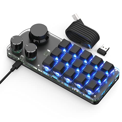 CHJUAN マクロキーボード 片手キーボード 15キー 回転ノブ付き【3種接続を支持】プログラマブルキーボード 7色のRGB 赤軸メカニカルキーボード【Bluetooth/有線/2.4G接続 軸体交換 回転ノブ付き 18キャラクタ 6連打】Bluetooth連続 左手ゲーミングキーボード カスタム可能なキー 片手 小型キーボード (15キー3ノブ, 黒色)
