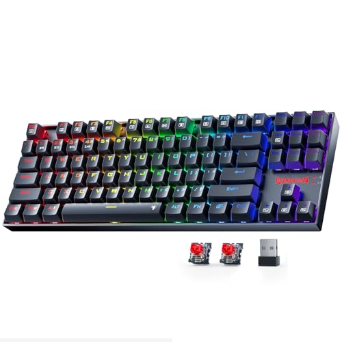 NQKDgumDZ Redragon ワイヤレスゲーミングキーボード BT/2.4Ghz トライモードメカニカルキーボード アルミニウム製パン付き ホットスワップレッドスイッチ プログラム可能な87キー TKL LEDレインボーバックライト - K552-KRS