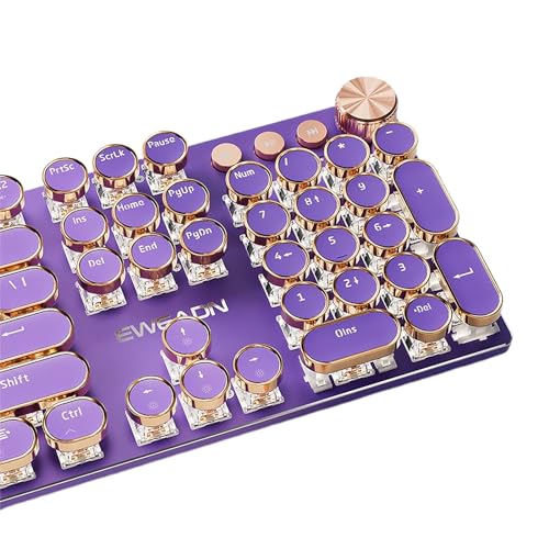 TISHLED タイプライタースタイル メカニカル ゲーミングキーボード ホワイト LED バックライト 104キー NKRO ピンク スイッチ レトロ ラウンド キーキャップ ゴールデンリング ボリュームノブ メタルパネル 有線 USB-C 取り外し可能ケーブル、パープル V20