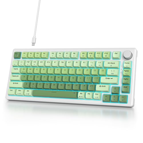 iTastatur ノブ付き75%有線キーボード、75%ゲーミンググリーンキーボードホットスワップ可能ガスケットマウント、ホワイトスイッチ、82キーTKLメカニカルキーボード、NKROクリーミーキーボード、PC、ノートパソコン、Windowsゲーマー用(ライトグリーン)