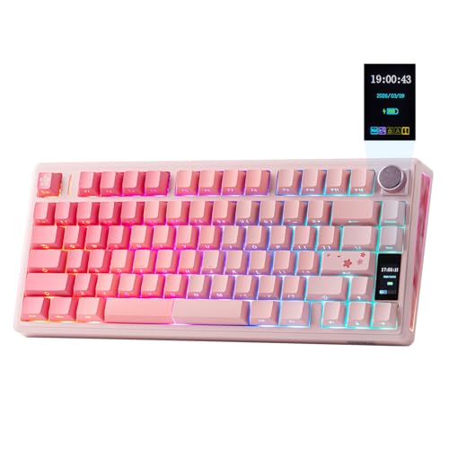 EPOMAKER TH80 V2 PRO ワイヤレスゲーミングキーボード 画面＆ノブ付き10000mAh 2.4GHz/BT/USB-C RGB ホットスワップ カスタムドライバー NKRO PBTキーキャップ PC/Mac用メカニカルキーボード (Pink, Creamy Jade)