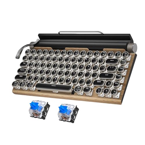 Cryfokt Dudassタイプライター キーボード 青軸 メカニカルキーボード レトロパンク スタイル フルカラー RGB 83 キー キーボード 2000mAh の超長寿命バッテリー 有線/Bluetooth デュアル モード 複数デバイスの共有 に対応 オフィス/ゲーミング用 (木目調カラー)