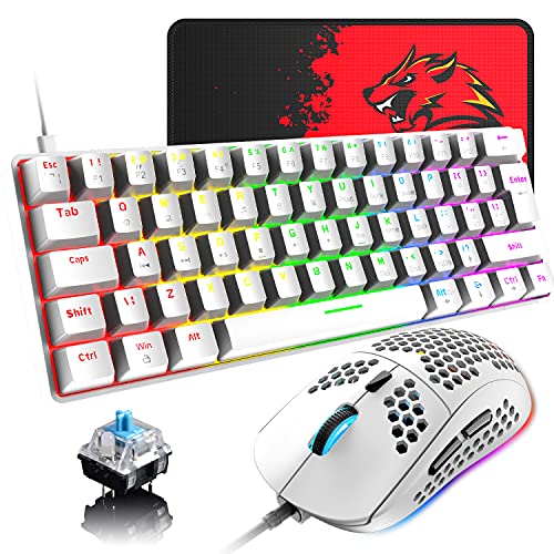 SELORSS 60%有線メカニカルゲーミングキーボードとマウスコンボ 超コンパクト ミニ62キー タイプC クロマ 20レインボーバックライト効果 RGBバックライト付き 6400 DPI 軽量ゲーミングマウス ハニカムシェル付き PC/Mac用
