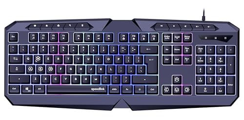 Speedlink LUDICIUM RGB レインボー ゲーミングキーボード - RGBゲーミングキーボード ケーブル付き US配列 QWERTY Windowsキーロック WASDスイッチ 10マルチメディアキー 有線 ブラック SL-670004-BK-US