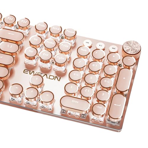 TISHLED タイプライタースタイル メカニカル ゲーミングキーボード ホワイト LED バックライト 104キー NKRO ピンク スイッチ レトロ ラウンド キーキャップ ゴールデンリング ボリュームノブ メタルパネル 有線 USB-C 取り外し可能ケーブル ローズゴールド V20