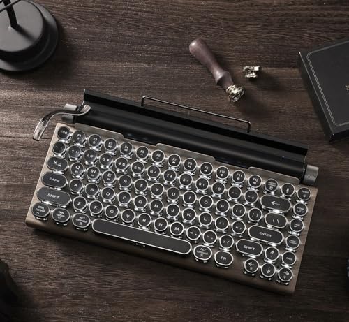 VELTORN レトロタイプライターデザイン 無線メカニカルゲーミングキーボード 83 キー青軸 丸キートップ 同時押し防衝突 Bluetooth 5.0 防水防塵 パソコン・スマホ対応 在宅勤務・ゲーム用 ブラック (木目)