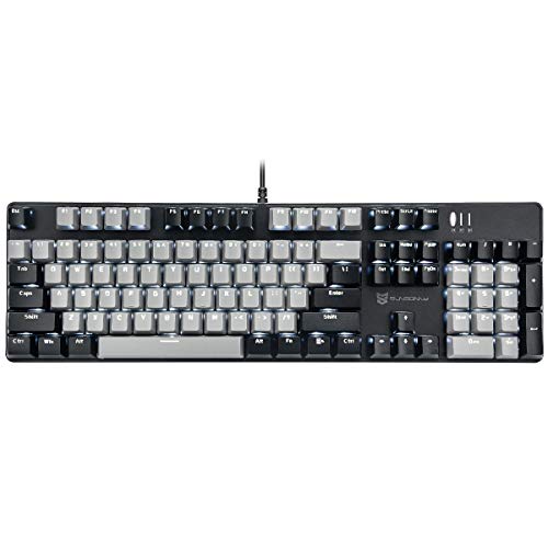 Qisan メカニカルゲーミングキーボード 有線 ホワイト バックライト付きキーボード ブルースイッチ フルサイズ 104キー US配列 - ブラックとグレー SU300618