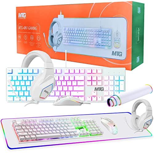 MTG MY TECHNOLOGY GEEKS TRUSTED TECHNOLOGY PARTNERS PC、RGBキーボードとマウス、ゲーミングヘッドフォン、大きなLEDデスクマット、滑らかな表面、RGBモード、デスクトップコンピューター、Xbox、PS4ゲーマー用ゲームキット - MTG 4 in 1コンボ