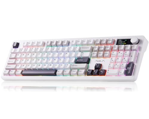 AULA F106PRO ワイヤレスキーボード フルサイズ メカニカルキーボード メディアノブ&スクリーン付き 8000mAh バッテリー ホットスワップ可能 カスタム PBT キーキャップ ゲーミングキーボード - Blazeスイッチ ブラック ホワイト グレー