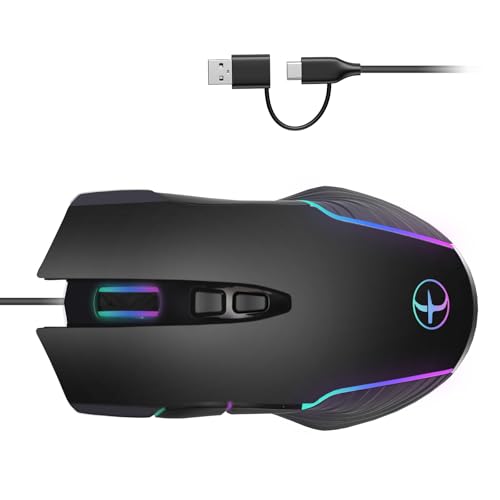 Ljmyy 人間工学に基づいたUSB C USB A コード付きゲーミングマウス カラーバックライト付きコンピューターモード 7200DPI 調整 PC ノートパソコン タブレット 有線ゲーミングマウス用 4NB110239_Ljmyy