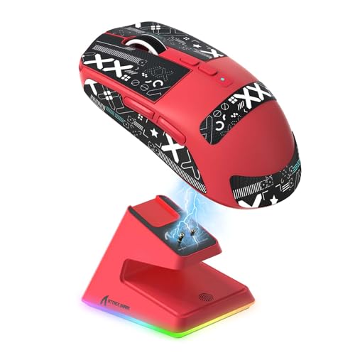 MAMBASNAKE ×ATTACK SHARK X6 超軽量ゲーミングマウス 49g PAW3395センサー ワイヤレス マウス 3モード接続 2.4Ghz/Bluetooth/Type-C 6レベルDPI切替 26000DPI 200時間連続使用可能 マグネットRGB充電スタンド レッド（滑り止めステッカー付き）