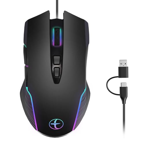 HaetFire デュアルUSB-C/USB-Aインターフェース 人間工学に基づいた有線ゲーミングマウス RGBバックライト付き ムービングマウスジグラー 4つの調整可能なDPI最大7200 MacBook Chromebook、Windows PC、コンピューター、ノートパソコン用