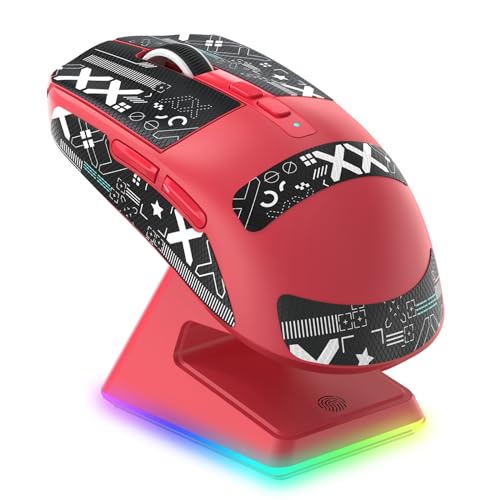 DAREU A.JAZZ x ATTACK SHARK X6 軽量化49gゲーミングマウス、ワイヤレス 2.4G/Bluetooth/有線USB-Cマウス、Optical Sensor PAW3395センサー、回復率高いリング安定、6種類DPI調節可能、グネット式充電スタンド付き、滑り止めシール付き、急速充電、 XP/Windows/MAC/Android適用、人間工学デザイン、レッド