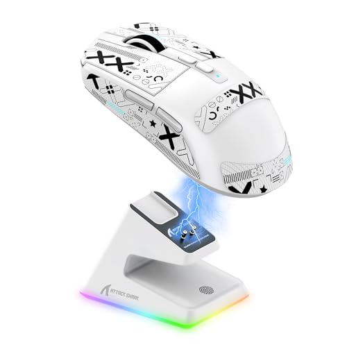 MAMBASNAKE ×ATTACK SHARK X6 超軽量ゲーミングマウス 49g PAW3395センサー ワイヤレス マウス 3モード接続 2.4Ghz/Bluetooth/Type-C 6レベルDPI切替 26000DPI 200時間連続使用可能 マグネットRGB充電スタンド ホワイト（滑り止めステッカー付き）