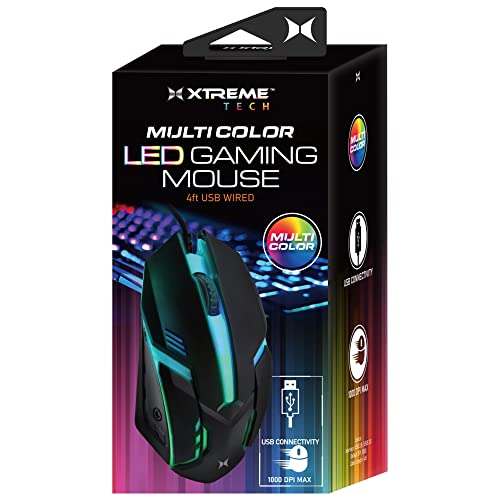 XTREME マルチカラー LED ゲーミングマウス カラーフェード 照明効果 最大1000DPI スクロールホイール コンピューターのUSBポートに素早く簡単に取り付け可能 XCA2-1026-BLK
