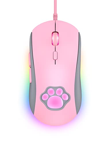 GAMQUE 猫足RGBゲーミングマウス、サイレントオプティカルコンピューターマウスusb接続、7200までの6つの調整可能なdpi、rgb照明、6つのwindows / vista/linuxプログラマブルボタン (ピンク) CW918