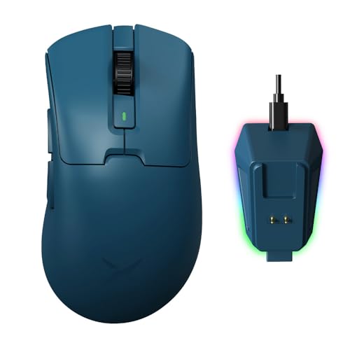DELUX M900PRO ゲーミングマウス 無線、8000Hzポーリングレート、63g軽量、大手用、PAW3395センサー26000DPI、Huanoピンクスイッチ、マグネット式充電ベース付き (ネイビーブルー)