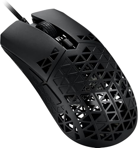ASUS TUF M4 Air 有線ゲーミングマウス - P307、丈夫で超軽量エアシェルデザイン、16,000dpi光学センサー、6つの触覚プログラム可能なボタン、IPX6防水、ブラックカラー。