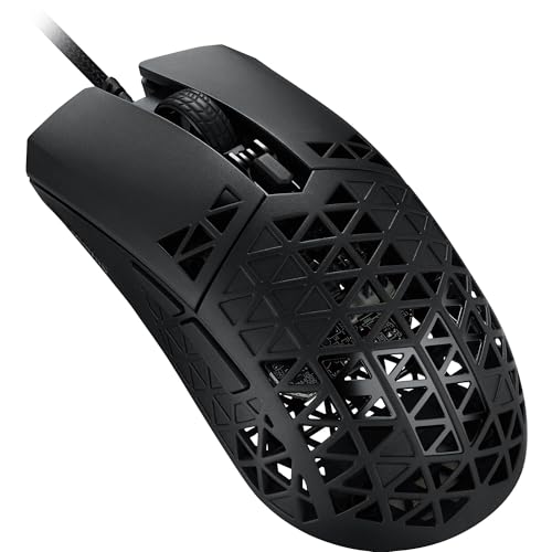 ASUS TUF M4 Air 有線ゲーミングマウス - P307、丈夫で超軽量エアシェルデザイン、16,000dpi光学センサー、6つの触覚プログラム可能なボタン、IPX6防水、ブラックカラー。