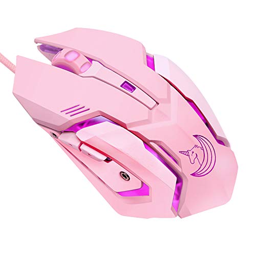 VIYOGO ピンク ゲーミングマウス サイレントクリック LEDバックライト光学ゲームマウス 人間工学的 USB 有線マウス ノートパソコン対応 7ボタン 4段階調整可能 DPI UN-100