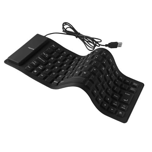 HUQIDAO シリコンキーボード USB有線 折り畳み式 巻き取り 柔らかいシリコン製 防水 防塵 静音設計 英語配列 85キー 小型 軽量 テンキーレス 携帯便利 コンパクト PC/ノートパソコン/Windows Mac用 (ブラック)