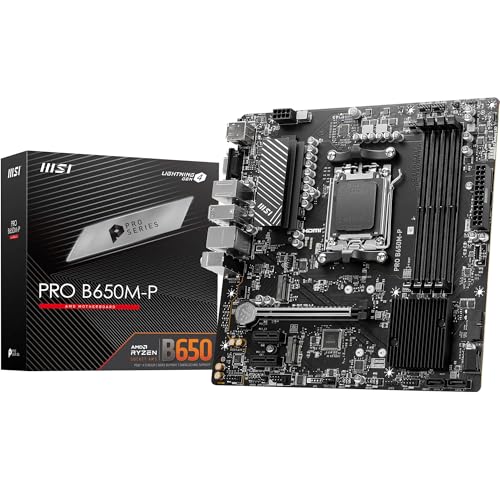MSI Pro B650M-P AM5 mATX マザーボード、AMD B650 チップセット、4x DDR5スロット、192GB 最大メモリ、1x PCI-E x16、2x M.2ストレージスロット、4x SATA 6G、Realtek 8125BG 2.5G LAN、HDMI/DP/VGA - ブラック 7E27-001R