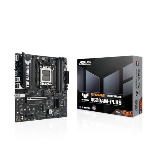 TUF Gaming A620AM-PLUS WiFi AMD A620A mATX マザーボード、8+2+1パワーステージ、DDR5、PCIe 4.0、デュアルM.2スロット、WiFi 6、2.5Gbイーサネット、デュアルディスプレイポート、HDMI、リアUSB-A 10Gbps、フロントUSB-C 10Gbps。