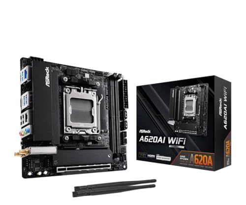 ASRock A620AI WiFi Mini-ITX AM5 マザーボード、AMD Ryzen 9000/8000/7000対応 DDR5 8200+ (OC)、PCIe 4.0、Dual M.2、WiFi 6E、2.5G LAN、USB 3.2 Gen2。 90-MXBT50-A0UAYAZ