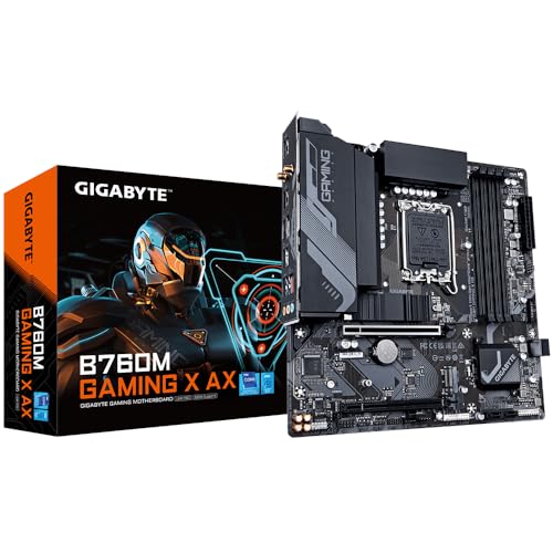 GIGABYTE B760M Gaming X AX Intel LGA 1700 m-ATX マザーボード、4x DDR5 ~128GB、1x PCI-E x16、1x PCI-E x1、M.2 x 2、SATA x 3、USB 3.2 x 3、USB 2.0 x 5、HD1。