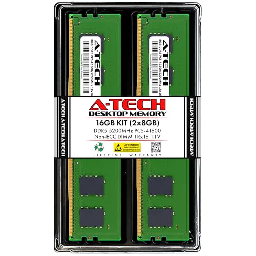 A-Tech 16GB キット (2x8GB) DDR5 5200MHz PC5-41600 CL42 UDIMM 1Rx16 シングルランク 1.1V ノンECCアンバッファード DIMM 288ピン デスクトップ PC/コンピューター RAM メモリアップグレードモジュール AT8G2D5D5200NS16N11V