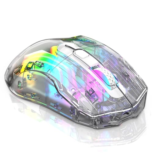 Docooler ワイヤレス ゲーミング マウス、透明クリスタル シェル、3 モード (USB 有線 + 2.4G ワイヤレス + Bluetooth)、3600DPI 調整可能 e スポーツ マウス、人間工学設計の RGB サイレント マウス - ホワイト/ブラック LWE1749742334267PB